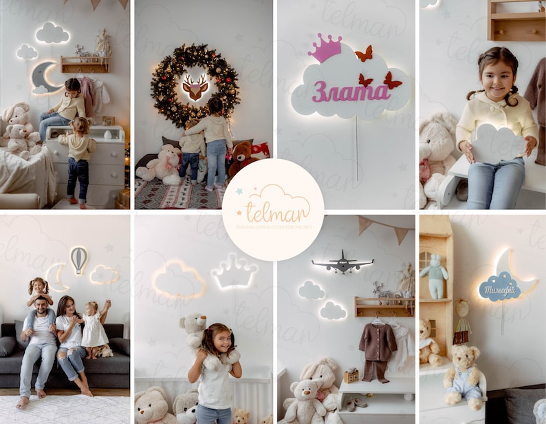 May include: A collection of wooden cloud night lights with different designs, including a hot air balloon, a plane, a crown, and a crescent moon. Some of the clouds have names written on them, such as "Zlata" and "Moonlight".