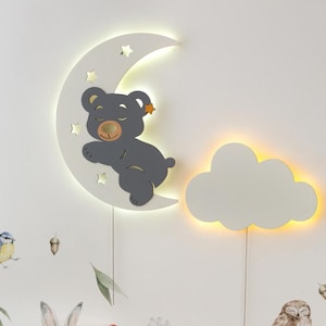 Wooden Bear Moon Night Light & Cloud – Nursery Wall Lamp, Baby Room LED Decor, Kids Night Light Gift, Cute Animal Wall Light