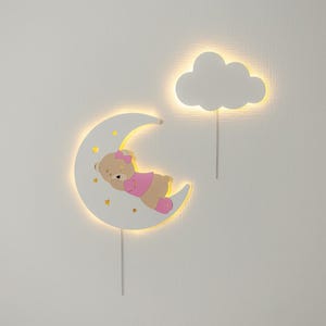 Mond Bär & Wolke LED Wandleuchte - Kinderzimmer Nachtlampe, Soft Glow Baby Room Decor, Kinderzimmer Wandleuchte, Kleinkind Nachtlicht, Holz Einschlafhilfe