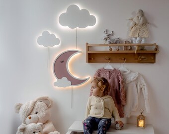 Set of Moon and Two Clouds LED Wall Night Lights – Nursery Wall Decor, Baby Shower Gift, Kids Room Lamp, Custom Name Light