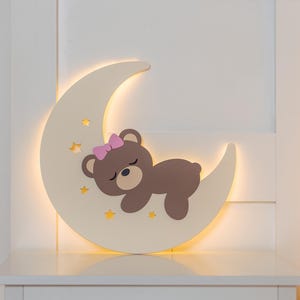 Wooden Moon & Bear Wall Night Light – Nursery Wall Decor – Baby Shower Gift – Birthday Present – Kids Room LED Lamp