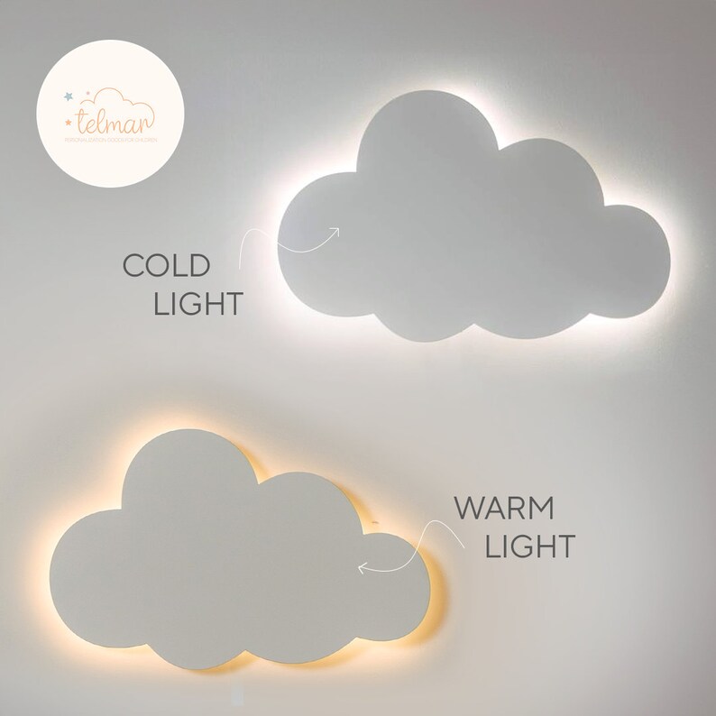 May include: Two white cloud-shaped wall lights with a warm white and a cool white light. The lights are on a white wall.