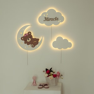 Night Light Set – Personalized Cloud Wall Light, Nursery LED Decor, Baby Room Light, Wooden Baby Wall Art, Wall Night Lamp