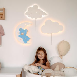 Nursery Wall Light Set – Bear, Moon & Clouds LED Night Light, Handmade Cloud Wall Decor for Kids Room