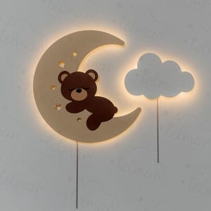 Kinder Nachtlicht Set - Eine Wolke beleuchtet einen Bären auf dem Mond - Niedliches Kinderzimmer Dekor - LED Baby Nachtlampe - Wolke & Mond Nachtlichter für Kinder