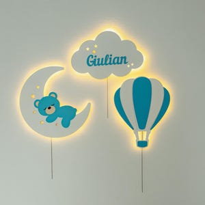 Nachtlichter Set – Bär im Mond, Wolke mit Name & Ballon – LED Wandlampe fürs Kinderzimmer