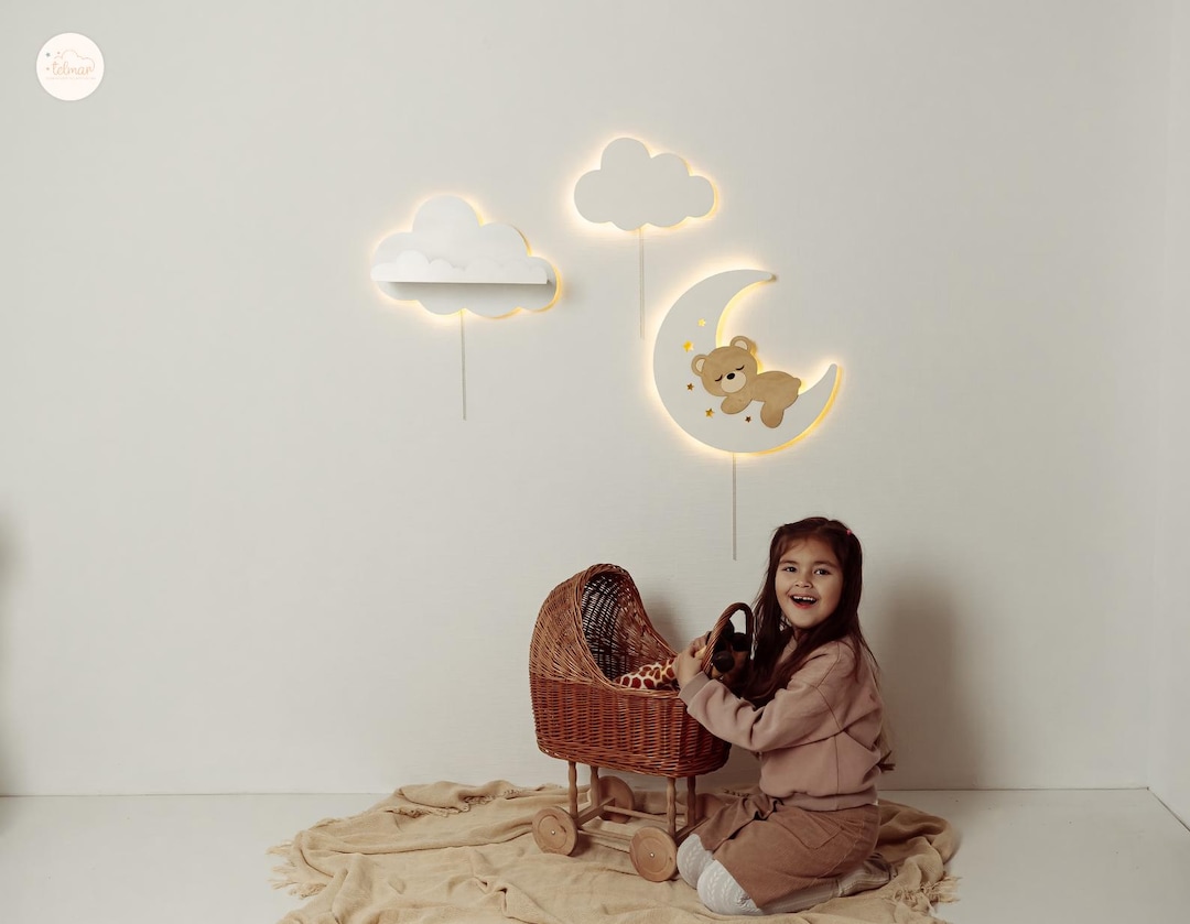Wooden Night Light Set – Cloud and Bear on Moon, Nursery Wall Lamp ...