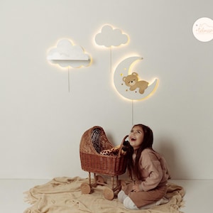 Mond und Bär Nachtlichter Set - Wolken Regal & Wandlampe für Kinderzimmer, Kinderzimmer oder Baby Schlafzimmer, weiche LED-Beleuchtung und niedliches Raumdekor