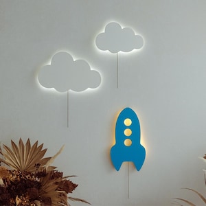 Rocket Night Light for Kids Wall - Cloud LED Nursery Lamp, Wooden Wall Light for Boys Room, Space Theme Nightlight, Baby Room Decor