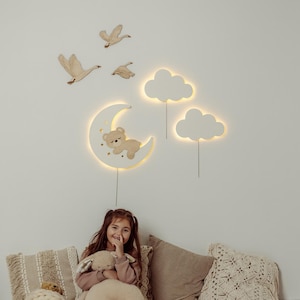 Baby Night Light Set – Two Cloud Lights & Bear on Moon – LED Nursery Lamp, Cloud and Moon Night Lights for Kids Room Decor