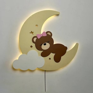 Moon and Bear Night Light with Cloud – Wall-Mounted LED Lamp for Kids&#39; Room, Nursery, or Baby&#39;s Bedside