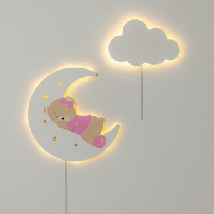 Baby Girl Bear Moon Night Light  Cloud Wall Decor for Kids Room  LED Nursery Lamp