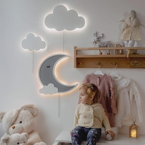 Moon and Cloud Night Light – Wooden LED Nursery Lamp, Soft Glow Baby Room Decor, Personalized Kids Nightlight, Cute Toddler Bedroom Gift