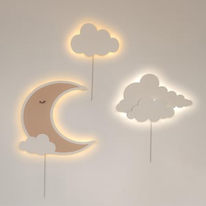 Moon and Cloud Night Light Set – Wooden Nursery Wall Decor, LED Baby Room Light, Eco-Friendly Nightlight Gift, Baby Shower Lamp