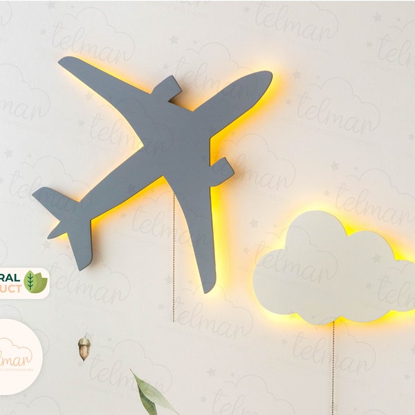 Set of 2: plane and cloud nursery night light, cloud wall light,  airplane wall light, baby room lighting , christmas gift for kids