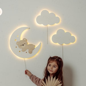 Nursery Night Light Moon Bear, Cloud Wall Light, Kids Room LED Lamp, Baby Room Decor, Wooden Wall Lamp, Cute Night Light, Moon Cloud Light