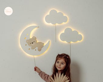 Nursery Night Light Moon Bear, Cloud Wall Light, Kids Room LED Lamp, Baby Room Decor, Wooden Wall Lamp, Cute Night Light, Moon Cloud Light