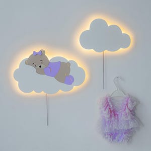 Nightlight Bear on Cloud – Wooden Cloud LED Lamp – Nursery Wall Decor – Baby Girl Night Light – Soft Light Kids Room Lamp