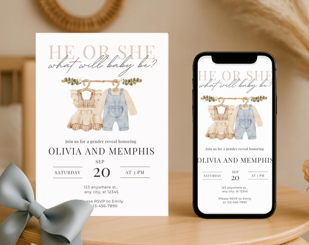 Editable Clothes Gender Reveal Invitation | He or She Invite Template ...