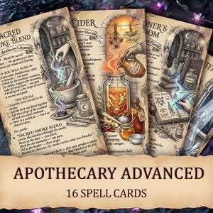 May include: Apothecary Advanced 16 Spell Cards. The image shows a collection of illustrated cards with a mystical theme. The cards feature detailed drawings of ingredients, rituals, and instructions for creating potions and spells. The color palette is muted with sepia tones.