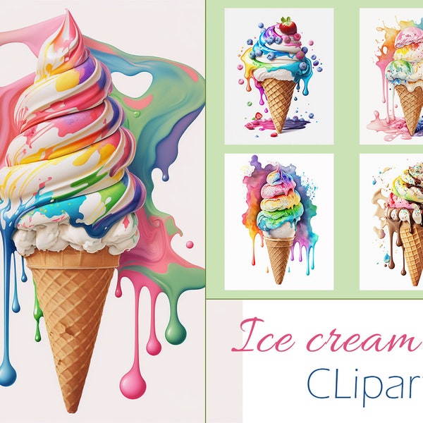 Aquarelle Summer Ice Cream Clipart sur fond blanc 10 JPEG, Art mural, Téléchargement numérique, Fabrication de cartes, Artisanat en papier numérique