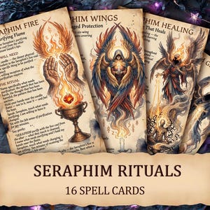Puede incluir: Un conjunto de 16 cartas de hechizos tituladas "Seraphim Rituals". Cada carta presenta ilustraciones detalladas de ángeles, llamas y elementos rituales. Las cartas contienen texto que describe rituales de purificación, curación y protección.