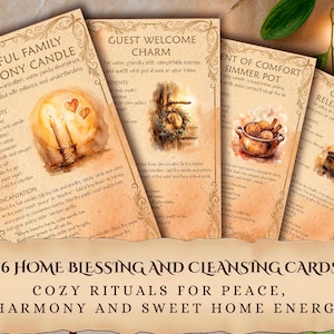May include: A collection of 16 home blessing and cleansing cards with cozy rituals for peace, harmony, and sweet home energy. The cards feature watercolor illustrations and text, including a candle, a door with a wreath, and a simmer pot.