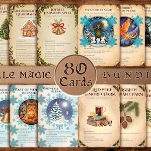 May include: A collection of 80 Yule Magic cards with illustrations and text. The cards feature festive imagery like Christmas trees, bells, and winter scenes. The cards are arranged in a bundle, with the words "Yule Magic Bundle" displayed.