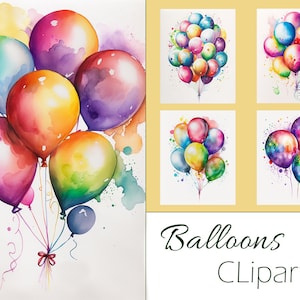 Aquarell Geburtstag Ballons Clipart auf weißem Hintergrund 10 JPEG, Sofort download,digitaler Download,Kartenherstellung,Digitales Papier Handwerk