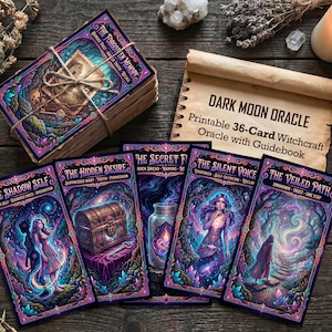 May include: A stack of oracle cards tied with twine, featuring a mystical design with the text "The Forgotten Memory." Individual cards display titles like "The Shadow Self" and "The Hidden Desire." A scroll reads "Dark Moon Oracle."