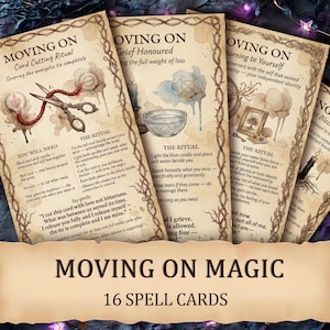 May include: A set of 16 spell cards with a vintage aesthetic. Each card features a unique ritual for moving on, with illustrations and text. The cards are titled "Moving On" and include instructions for various practices.