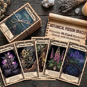 May include: A stack of oracle cards tied with twine, featuring botanical illustrations and text. The cards are labeled with names like "Hemlock's Peace" and "Belladonna's Kiss." A scroll reads "Botanical Poison Oracle." The cards have a vintage, mystical aesthetic.