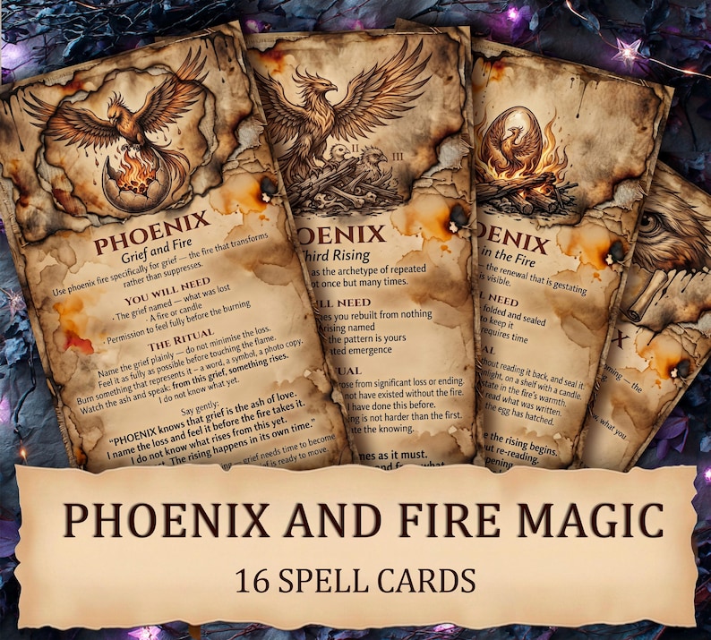 Rebirth Spell Phoenix Fire Magic Spell Cards Printable, Rebirth and Renewal Witch ...