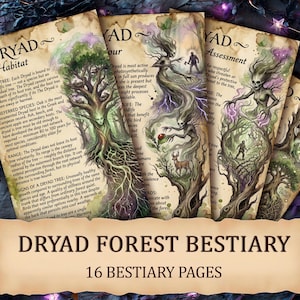 May include: A collection of fantasy-themed cards titled "Dryad Forest Bestiary" with illustrations of tree-like figures and forest scenes. The cards have text descriptions and the title "16 Bestiary Pages" is displayed at the bottom.