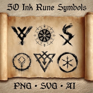Puede incluir: Un pergamino envejecido muestra seis símbolos de runas de tinta negra, cada uno con un diseño único. El texto "50 Ink Rune Symbols" está en la parte superior, con "PNG • SVG • AI" en la parte inferior. El pergamino está enrollado arriba y abajo.