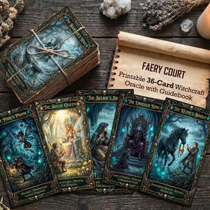 May include: A deck of Faery Court oracle cards with a guidebook. The cards feature fantasy art with titles like "The Pixie's Prank" and "The Seelie Queen." The deck is tied with twine and sits next to a scroll that reads "Printable 36-Card Witchcraft Oracle."
