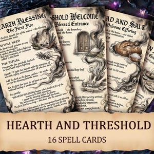 Może przedstawiać: Zestaw 16 kart zaklęć zatytułowanych "Hearth and Threshold". Każda karta zawiera szczegółowe ilustracje i tekst, w tym frazy takie jak "Hearth Blessing" i "Welcome Offering". Karty mają styl vintage i mistyczną estetykę z ilustracjami ognia, chleba i symboli.