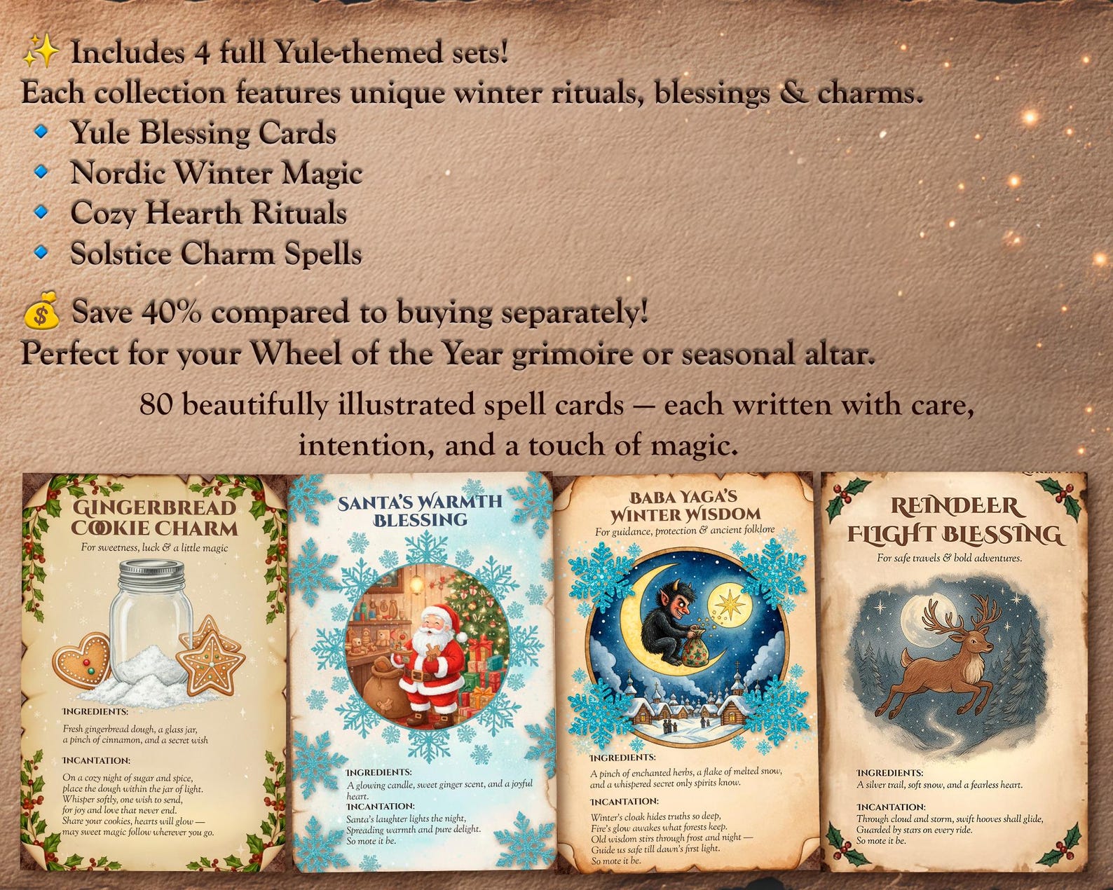 Yule Spell Cards Bundle • 80 Pagan Ritual Cards 2x3