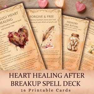 May include: A deck of 16 printable cards for heart healing after a breakup. The cards feature watercolor illustrations of a heart, feather, jar, and butterfly. The text on the cards includes instructions and affirmations for emotional repair and moving forward.