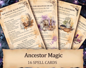 Cartas de hechizos de magia ancestral - 16 rituales ancestrales imprimibles - Páginas del grimorio del Libro de las Sombras