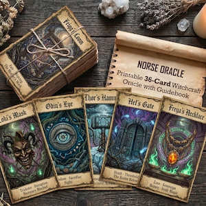 May include: A stack of tarot cards tied with twine, featuring the text "Frigg's Loom" and "Norse Oracle." Individual cards display illustrations of Loki's Mask, Odin's Eye, Thor's Hammer, Hel's Gate, and Freya's Necklace. A scroll reads "Printable 36-Card Witchcraft Oracle."