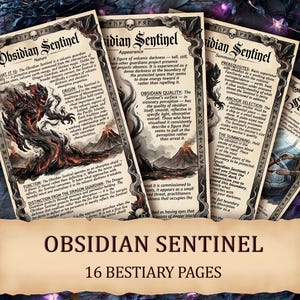 Op de afbeelding: Vier fantasy bestiary pagina's met de titel "Obsidian Sentinel" en de tekst "16 Bestiary Pages" onderaan. De pagina's bevatten illustraties en beschrijvingen van een vulkanische voogdentiteit.