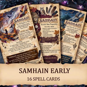 May include: A collection of 16 Samhain Early spell cards. The cards have illustrations and text, with autumnal colors and images of owls, leaves, and bats. The text describes rituals and ancestor preparation. The cards are for spiritual practices.