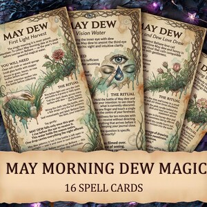 Puede incluir: Un conjunto de 16 tarjetas de hechizos tituladas May Morning Dew Magic, con papel estilo pergamino con texto impreso, ilustraciones botánicas de rosas e imágenes místicas que incluyen un ojo, todo con diseños de bordes intrincados.
