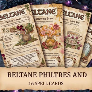 Può includere: Un set di quattro carte magiche in stile vintage con illustrazioni botaniche e testo. Le carte presentano titoli come "Philtre Basics" e "Clover Love Tea". Lo striscione in basso recita "Beltane Philters and 16 Spell Cards."