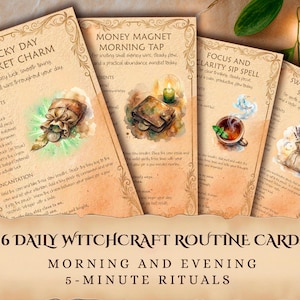May include: A collection of 16 daily witchcraft routine cards with watercolour illustrations. The cards display text and images related to spells, charms, and rituals. The cards are for morning and evening 5-minute rituals.