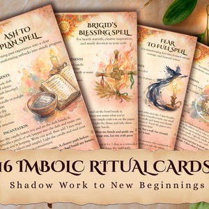 以下が含まれることがあります： 水彩イラストとテキストが特徴の、16枚のイモルク儀式カードのコレクション。カードには、計画、祝福、恐怖の克服など、さまざまな意図のための呪文が記載されています。カードは、シャドウワークと新しい始まりのために設計されています。
