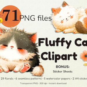 Fluffy Cats Clipart Bundle - 71 PNG Files for Commercial Use - Watercolor Nursery Art, Sublimation, Digital Stickers