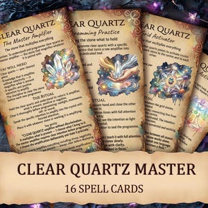May include: A set of 16 Clear Quartz Master spell cards. Each card features text and colorful illustrations of crystals, hands, and geometric shapes on a parchment-like background.
