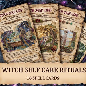 May include: A set of 16 Witch Self Care Rituals spell cards. Each card features illustrations and text on a parchment-like background. The cards cover topics like the Sacred Body and Burnout Recovery, with detailed instructions.